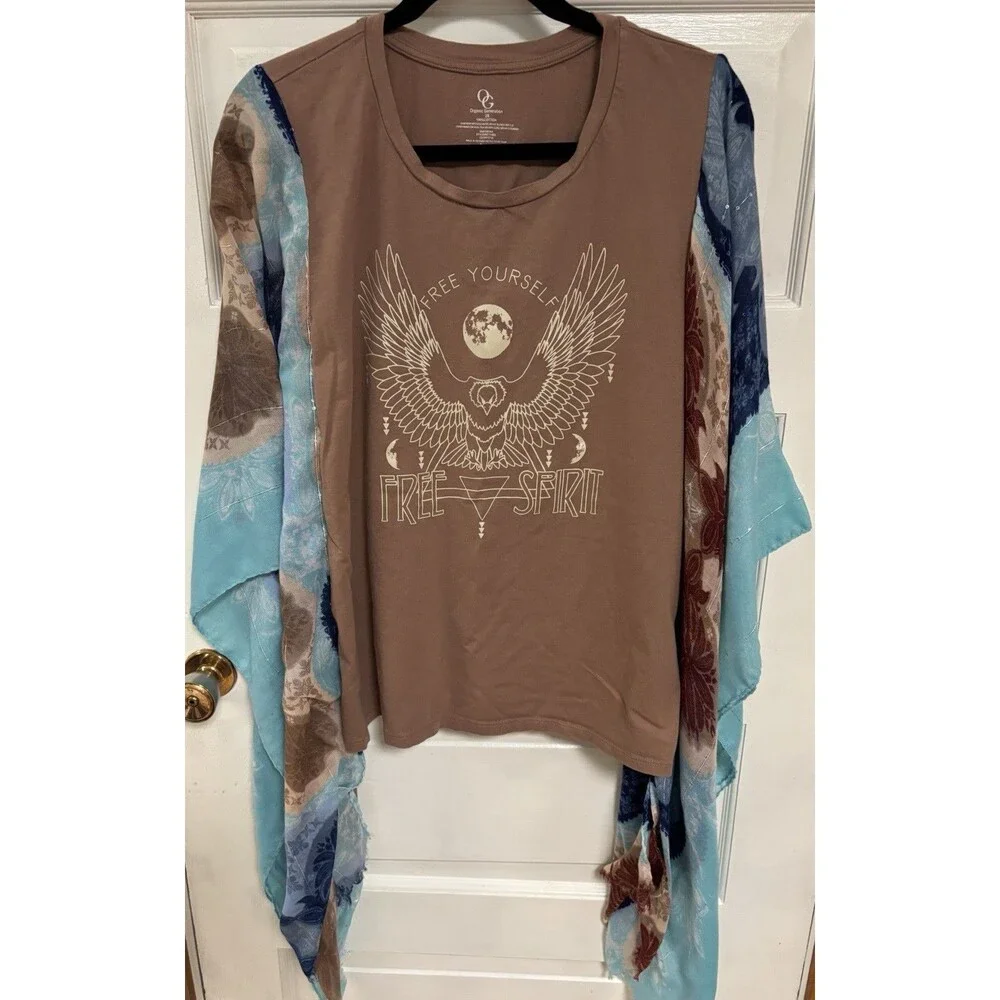 Upcycled Boho Kimono Sleeve Top Free Spirit Graphic Tee One Size Fits Most - Picture 3 of 4
